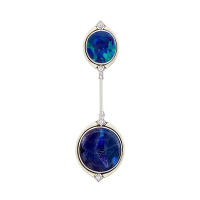 Lot 124 - Platinum, Black Opal, White Enamel and Diamond Jabot