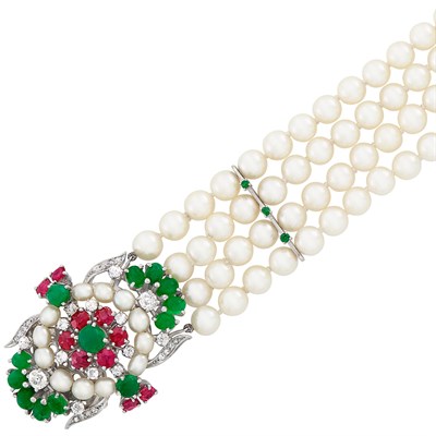 Lot 94 - Four Strand Cultured Pearl Bracelet with Platinum, White Gold, Cultured Pearl, Cabochon Emerald, Ruby and Diamond Clasp