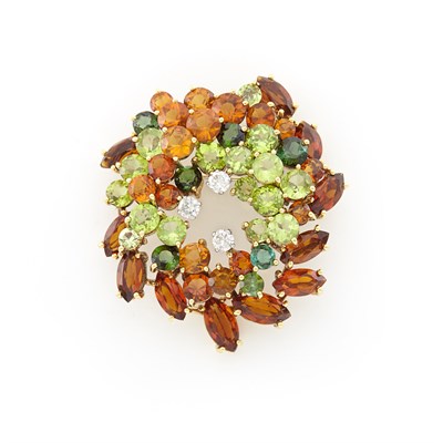 Lot 1247 - Gold, Citrine, Tourmaline, Peridot and Diamond Brooch