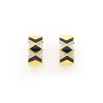 Lot 1220 - Pair of Gold, Black Enamel and Diamond Earrings