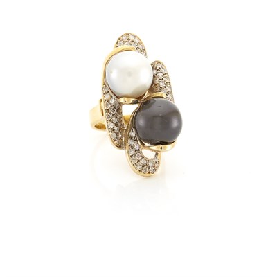 Lot 1325 - Gold, Black Tahitian Cultured Pearl, South Sea Cultured Pearl and Diamond Ring