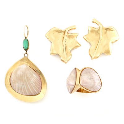 Lot 1507 - Pair of Gold Leaf Earclips, Shell Ring and Pendant, Marguerite Stix
