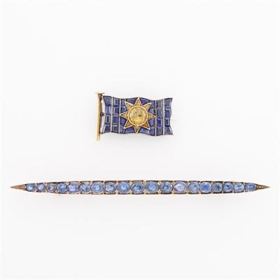 Lot 315 - Antique Sapphire Bar Pin and Gold, Silver, Sapphire and Yellow Sapphire Flag Pin