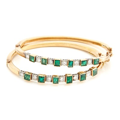 Lot 1524 - Pair of Gold, Emerald and Diamond Bangle Bracelets