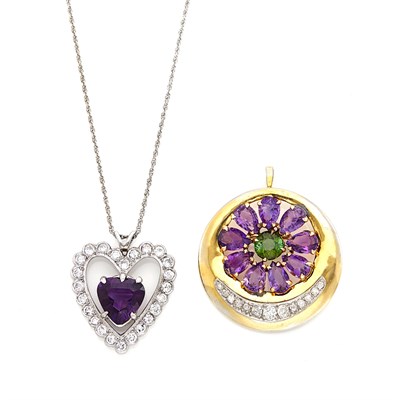 Lot 1449 - Two Yellow and White Gold, Amethyst and Diamond Pendants