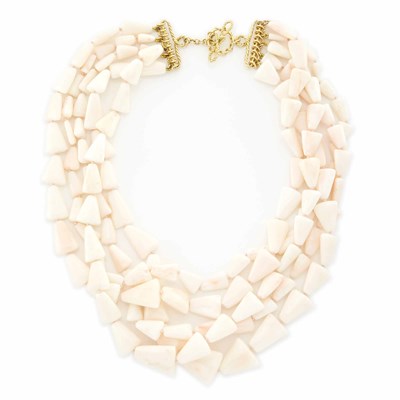 Lot 1522 - Five Strand Angel Skin Coral Bead Necklace with Gold Toggle Clasp