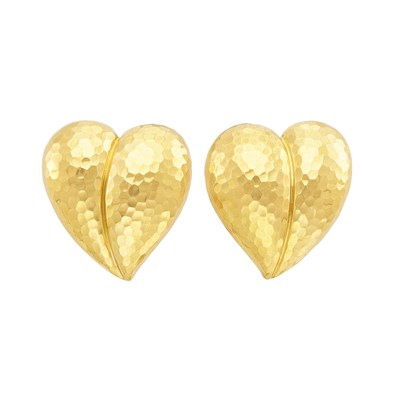 Lot 381 - Pair of Hammered Gold Heart Earclips, Andrew Clunn