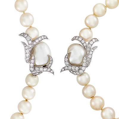Lot 238 - Two Cultured Pearl, Platinum, Baroque Cultured Pearl and Diamond Necklaces