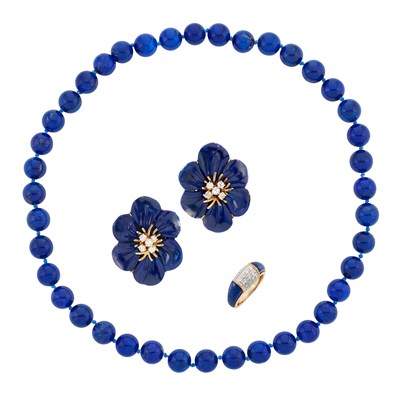 Lot 144 - Pair of Gold, Lapis Lazuli and Diamond Earclips, Ring and Bead Necklace