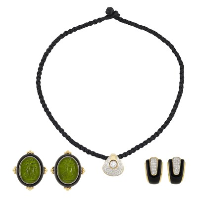 Lot 216 - Two-Color Gold, Silver, Diamond, Black Onyx and Glass Cameo Pendant and Two Pairs of Earrings