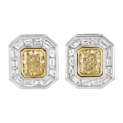 Lot 120 - Pair of Gold, Platinum, Fancy Yellow Diamond and Diamond Earrings