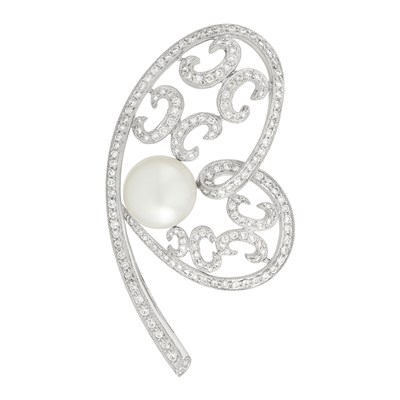 Lot 196 - Pair of White Gold, Cultured Pearl and Diamond Pendant Earrings and Brooch