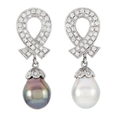 Lot 182 - Pair of White Gold, Tahitian Grey and White Cultured Pearl and Diamond Pendant Earrings