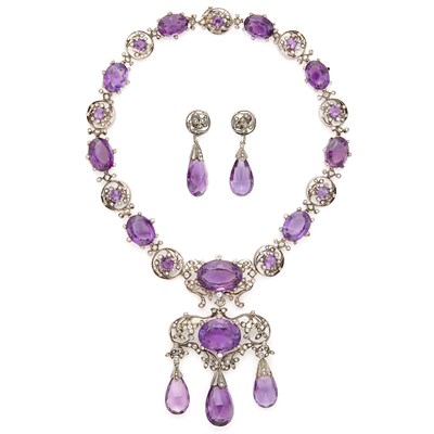 Lot 1605A - Silver, Low Karat Gold, Amethyst and Diamond Pendant-Brooch Necklace and Pair of Pendant-Earclips