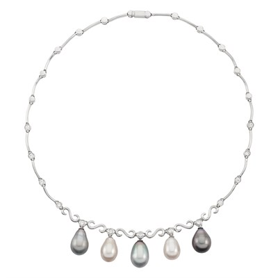 Lot 185 - White Gold, Tahitian Grey and White South Sea Cultured Pearl and Diamond Necklace