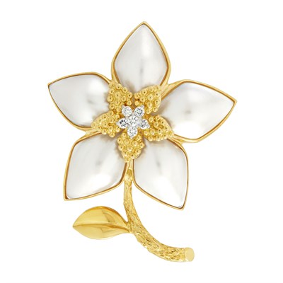 Lot 139 - Pair of Two-Color Gold, Diamond and Mabé Pearl Earrings and Two Brooches