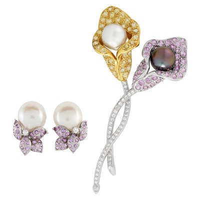 Lot 125 - Two-Color Gold, Cultured Pearl, Pink and Yellow Sapphire and Diamond Brooch and Pair of Earclips