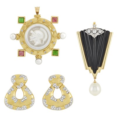 Lot 302 - Pair of Two-Color Gold, Diamond, Earrings and Two Gem-Set Pendant Brooches