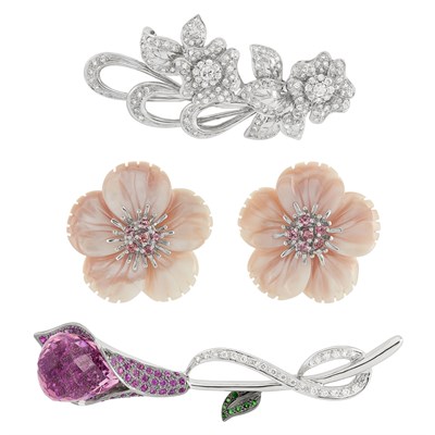 Lot 79 - Pair of White Gold, Pink Sapphire, Pink Tourmaline, Diamond and Mother-of-Pearl Earrings and Two Brooches