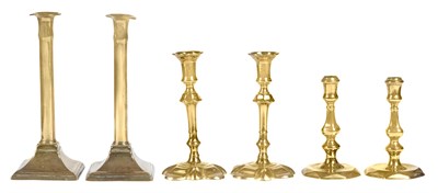 Lot 418 - Three Pairs of English Brass Candlesticks...