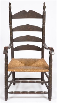 Lot 454 - Black Painted Maple Slat Back Rush Seat...