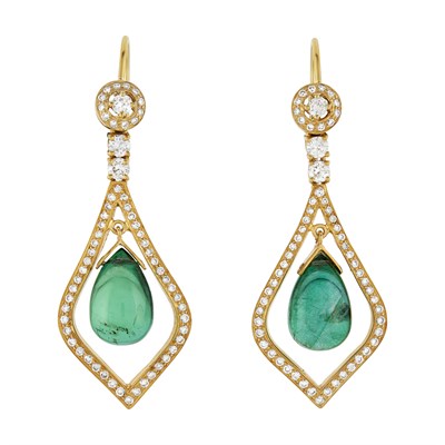Lot 246 - Pair of Gold, Emerald and Diamond Pendant Earrings