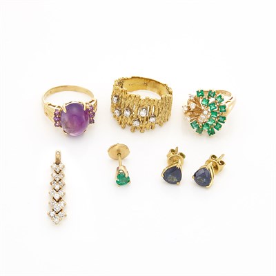 Lot 1665 - Group of Gold, Emerald, Diamond, Cabochon Amethyst and Sapphire Jewelry