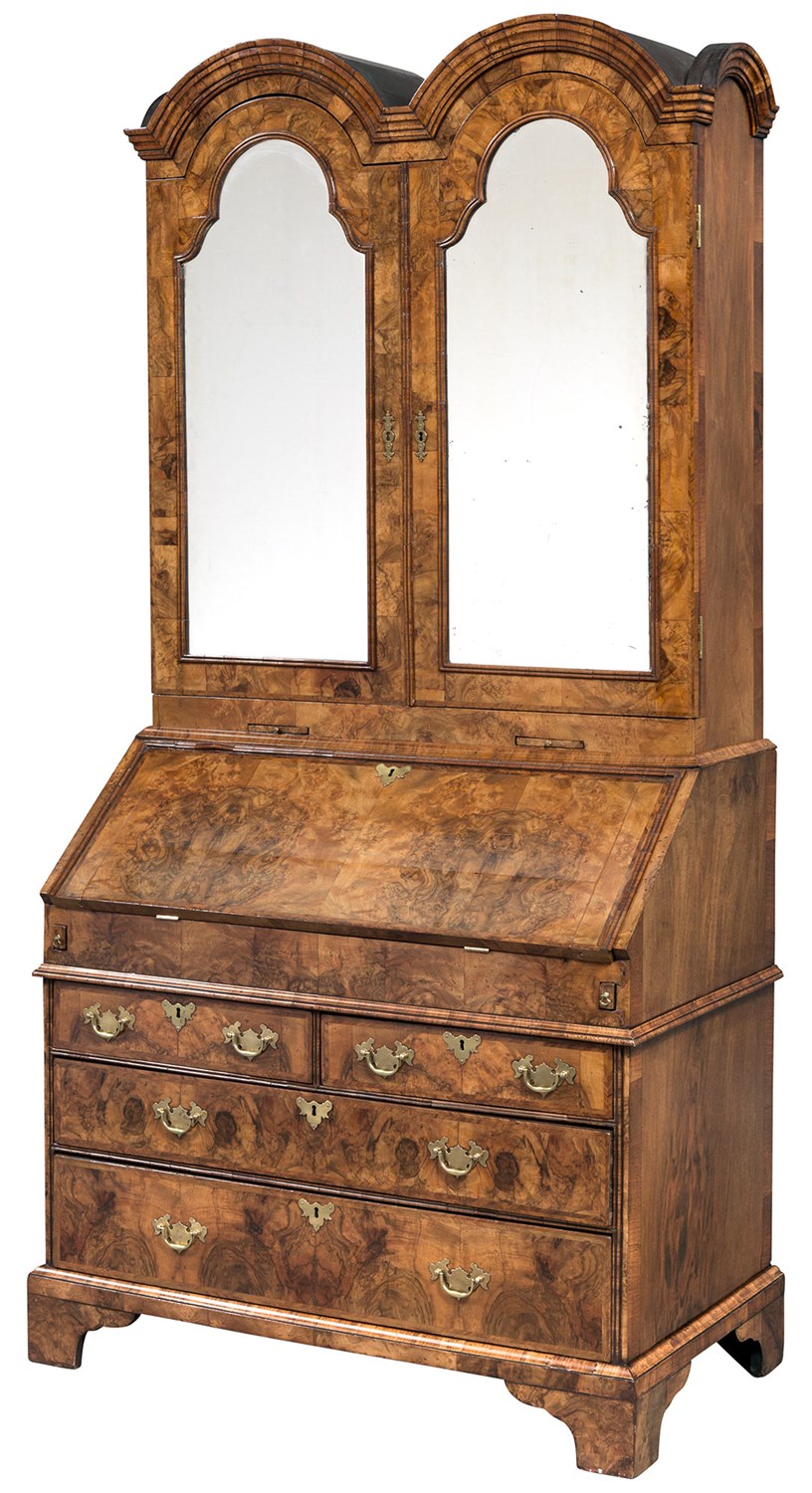 Lot 210 - Queen Anne Style Walnut Bureau Bookcase In two...