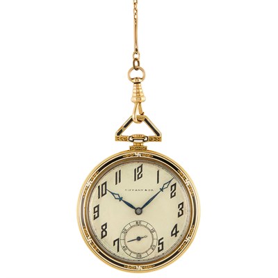Lot 342 - Gold and Enamel Openface Pocketwatch with Fob Chain, Tiffany & Co.