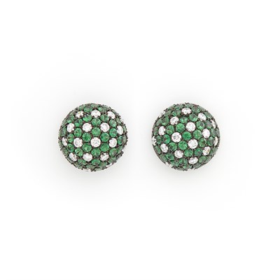 Lot 1584 - Pair of Blackened Gold, Tsavorite Garnet and Diamond Earrings