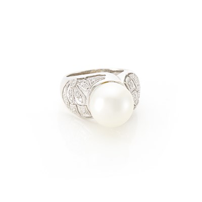 Lot 1564 - White Gold, Cultured Pearl and Diamond Ring
