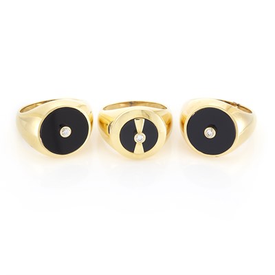 Lot 1653 - Three Gold, Black Onyx and Diamond Rings