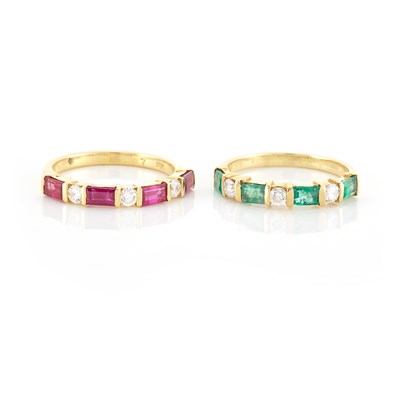 Lot 1557 - Gold, Ruby and Diamond Band Ring and Gold, Emerald and Diamond Band Ring