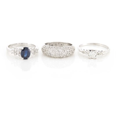 Lot 1646 - White Gold and Diamond Ring, White Gold and Diamond Band Ring and White Gold, Sapphire and Diamond Ring