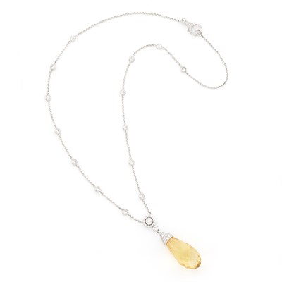Lot 1545 - White Gold, Citrine and Diamond Pendant-Necklace