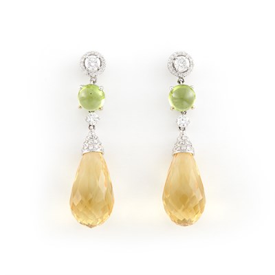 Lot 1581 - Pair of White Gold, Citrine Briolette, Cabochon Peridot and Diamond Pendant-Earrings
