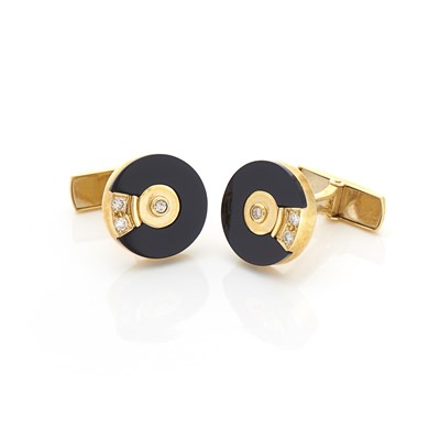 Lot 1663 - Pair of Gold, Black Onyx and Diamond Cufflinks
