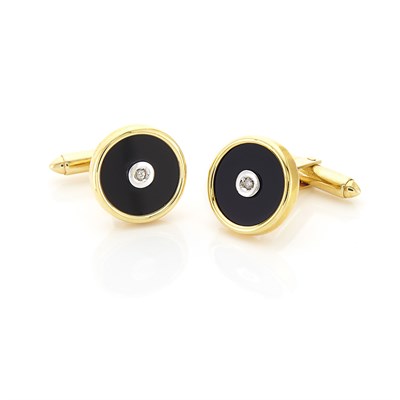 Lot 1650 - Pair of Gold, Black Onyx and Diamond Cufflinks
