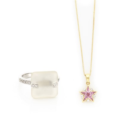 Lot 1628 - White Gold, Frosted Rock Crystal and Diamond Ring and Gold, Pink Sapphire and Diamond Pendant with Chain