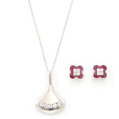 Lot 1566 - White Gold and Diamond Pendant with Chain and Pair of White Gold, Ruby and Diamond Earrings