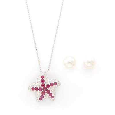 Lot 1554 - White Gold, Ruby and Diamond Pendant-Necklace and Pair of Gold and Cultured Pearl Earrings