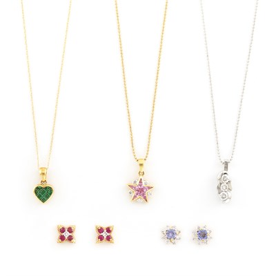 Lot 1635 - Three Gold, Tanzanite, Tsavorite Garnet, Ruby, Pink Sapphire and Diamond Necklaces and Two Pairs of Earrings