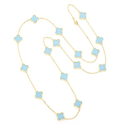 Lot 1573 - Long Gold and Turquoise Clover Link Chain Necklace