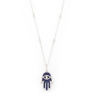 Lot 1539 - White Gold, Sapphire and Diamond Hamsa Pendant with Chain