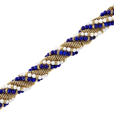 Lot 29 - Twisted Gold, Lapis Bead and Cultured Pearl Bracelet, Cartier