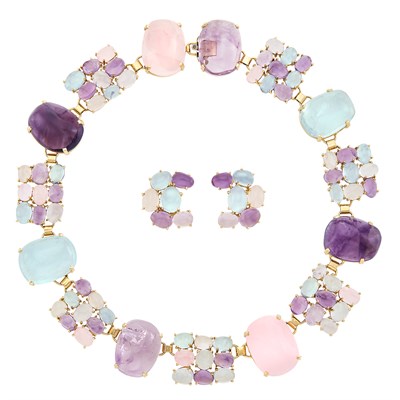 Lot 90 - Gold, Cabochon Amethyst, Aquamarine and Rose Quartz Necklace and Pair of Earclips