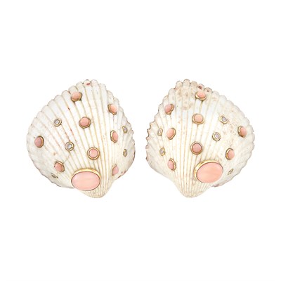 Lot 2 - Pair of Gold, Shell, Coral and Diamond Earclips, Trianon