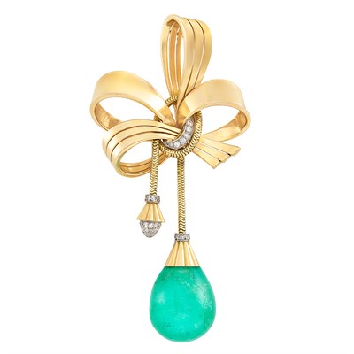 Lot 312 - Gold, Platinum, Diamond and Emerald Clip-Brooch, France