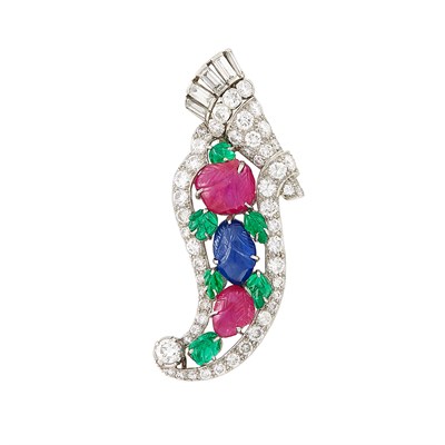 Lot 500 - Platinum, Carved Gem-Set and Diamond 'Tutti Fruitti' Brooch