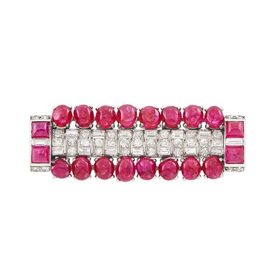 Lot 519 - Platinum, Diamond and Cabochon Ruby Bar Pin